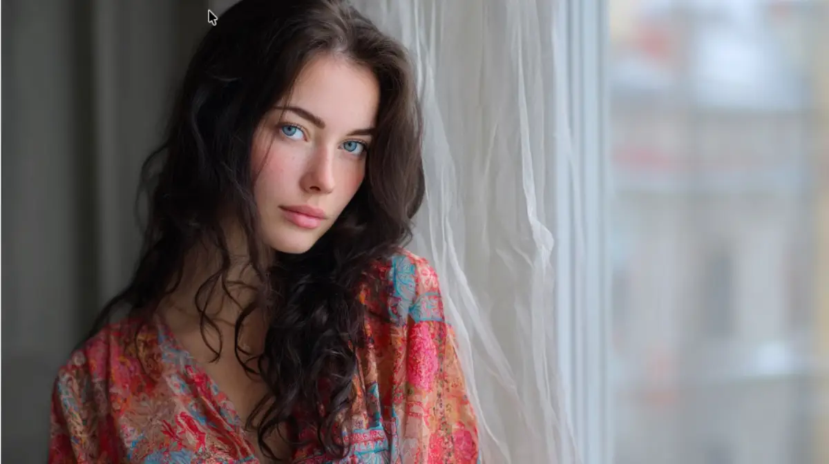 Portrait of a young woman with blue eyes and dark hair standing beside a window in soft natural light.