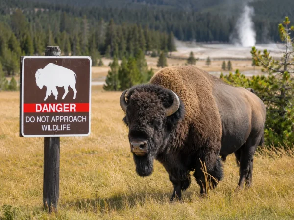 Home 1 American bison standing beside a wildlife warning sign in Yellowstone National Park highlighting visitor safety around wild animals.