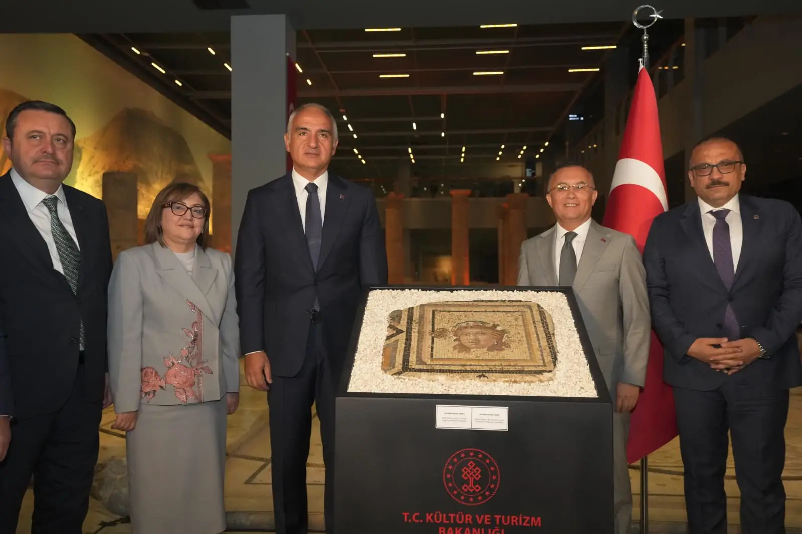 Minister Mehmet Nuri Ersoy and officials at Zeugma mosaic panel unveiling ceremony